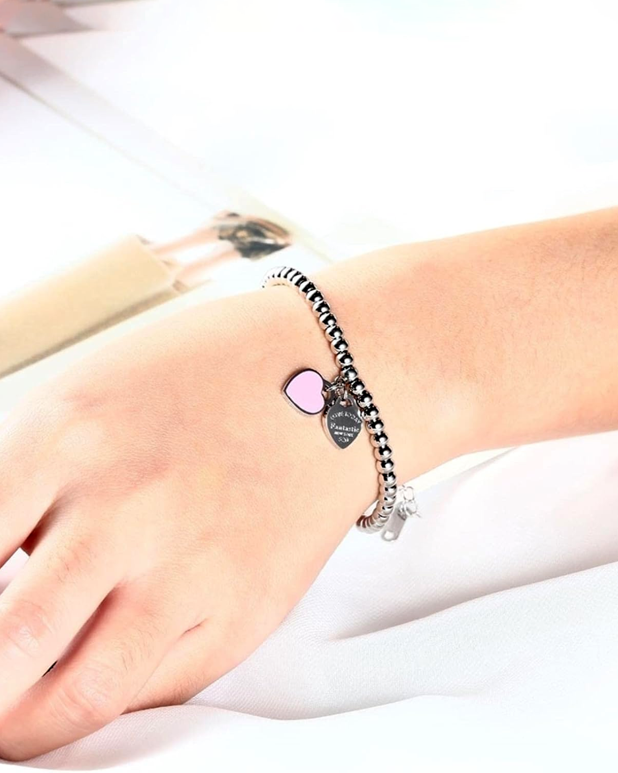 AUREUS™ Double Heart Charm Bracelet – Silver + Pink