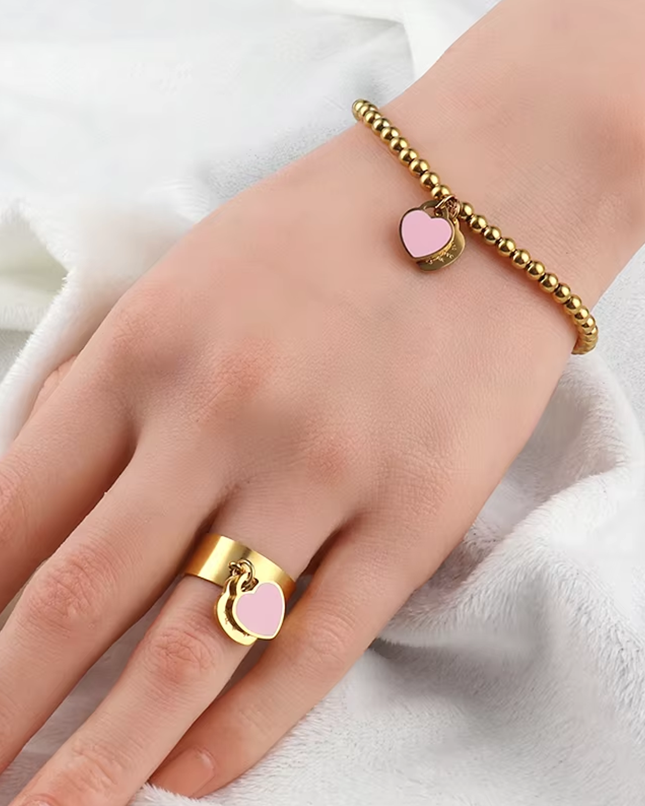 AUREUS™ Double Heart Charm Bracelet – Gold + Pink